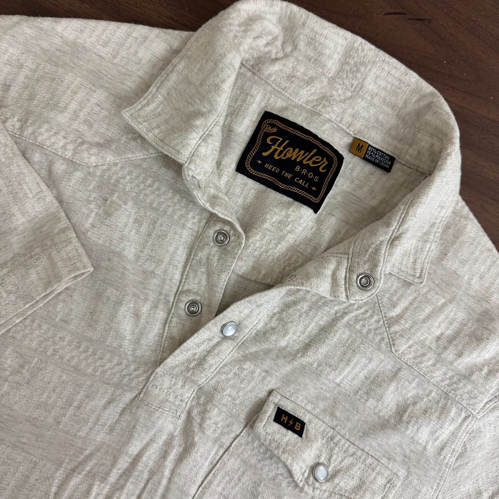 Howler Brothers Snap Polo Shirt Beige Ranchero Jacquard Short Sleeve Mens M